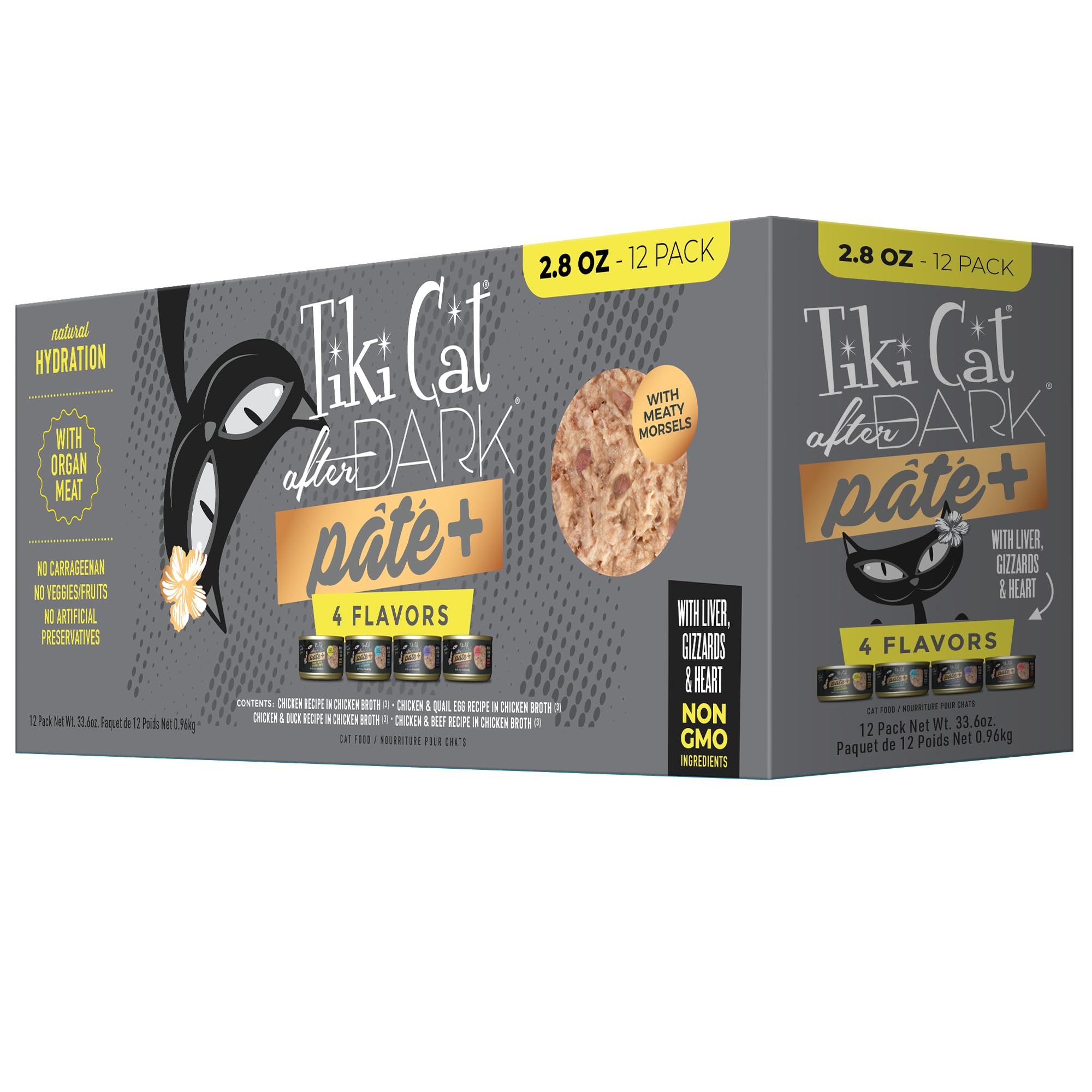 Tiki Pets After Dark Pâté+ en lata, frente, ideal para gatos exigentes.