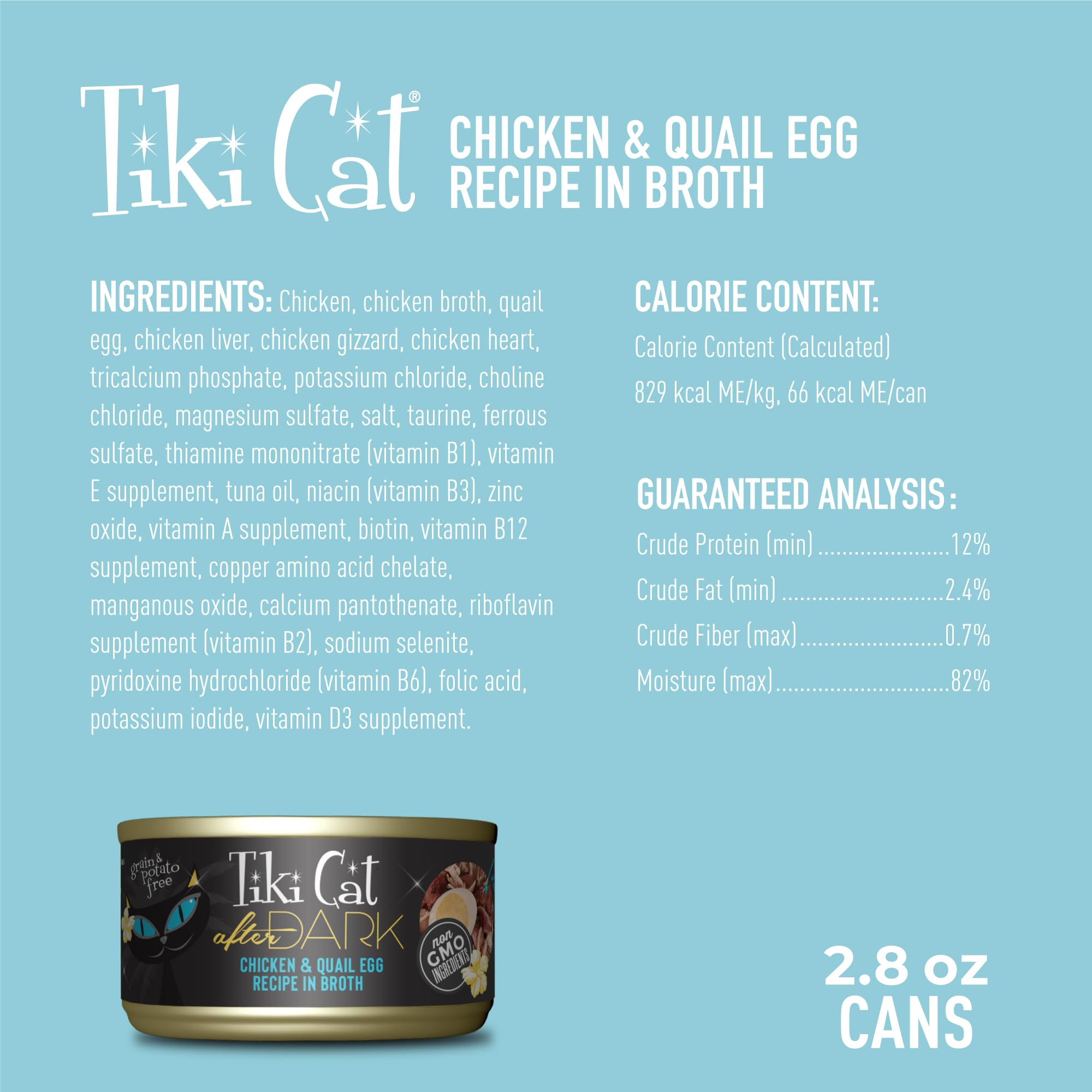 Tiki Pets After Dark pollo en trozos en caldo sabroso para felinos activos.