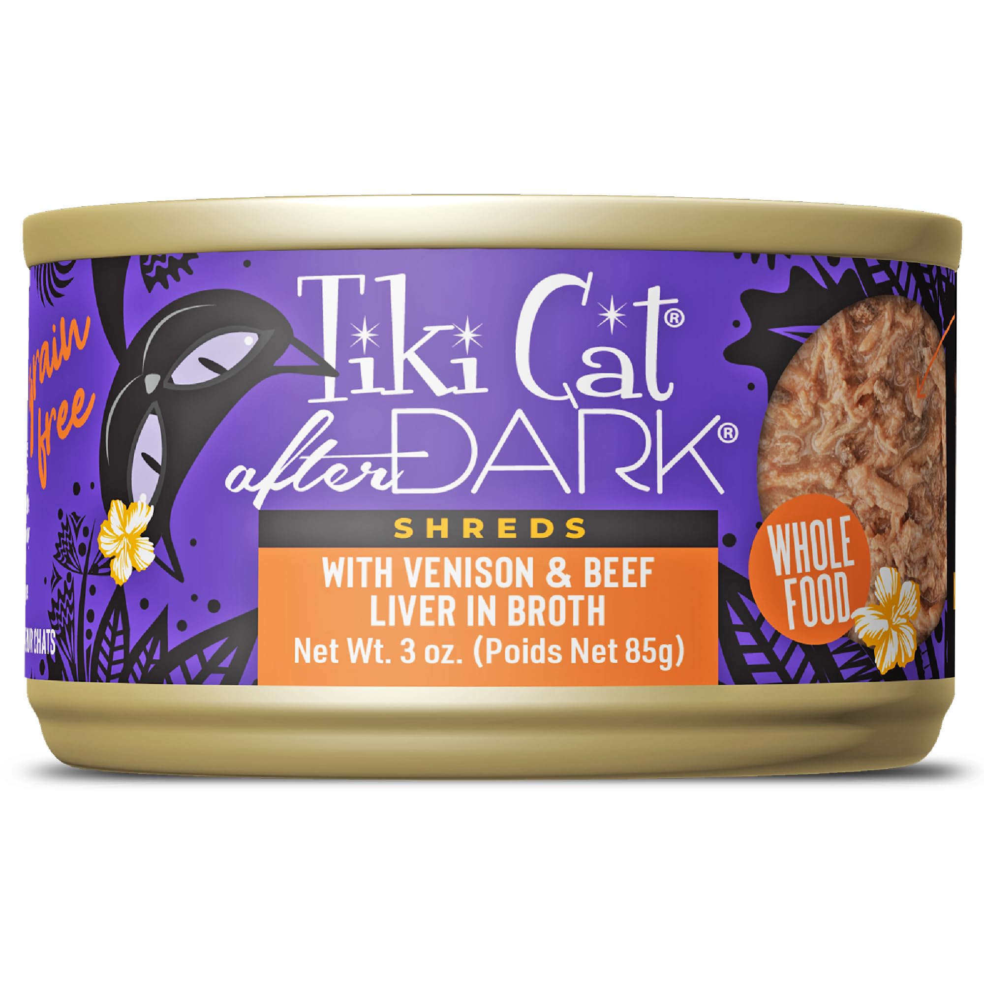 Tiki Cat After Dark Shreds Venison, textura jugosa para comida húmeda sabrosa.