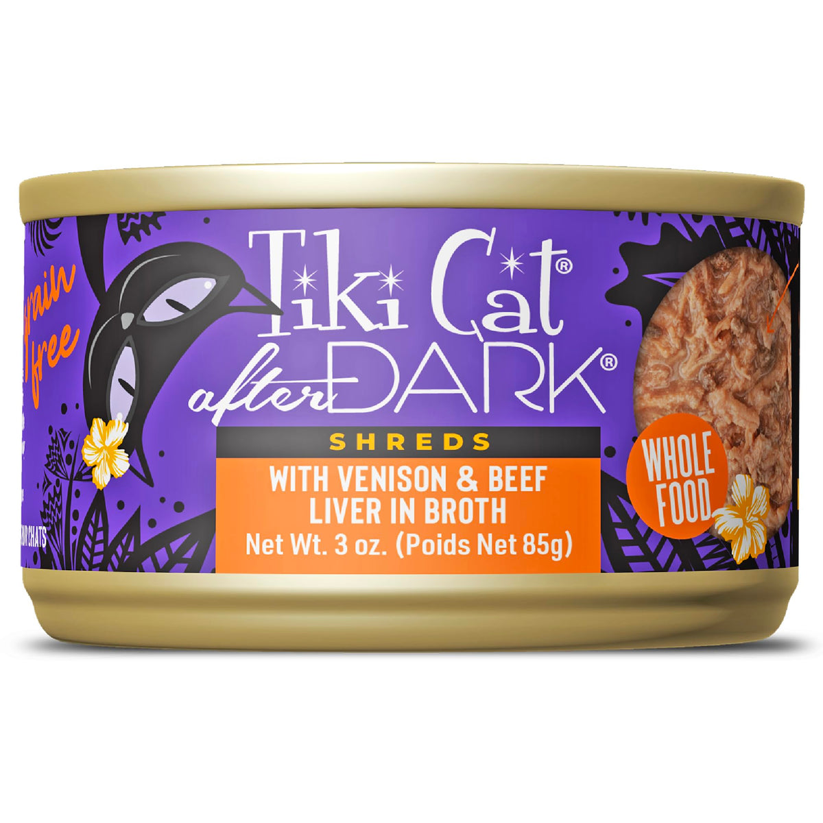Tiki Cat After Dark Shreds Venison, textura jugosa para comida húmeda sabrosa.