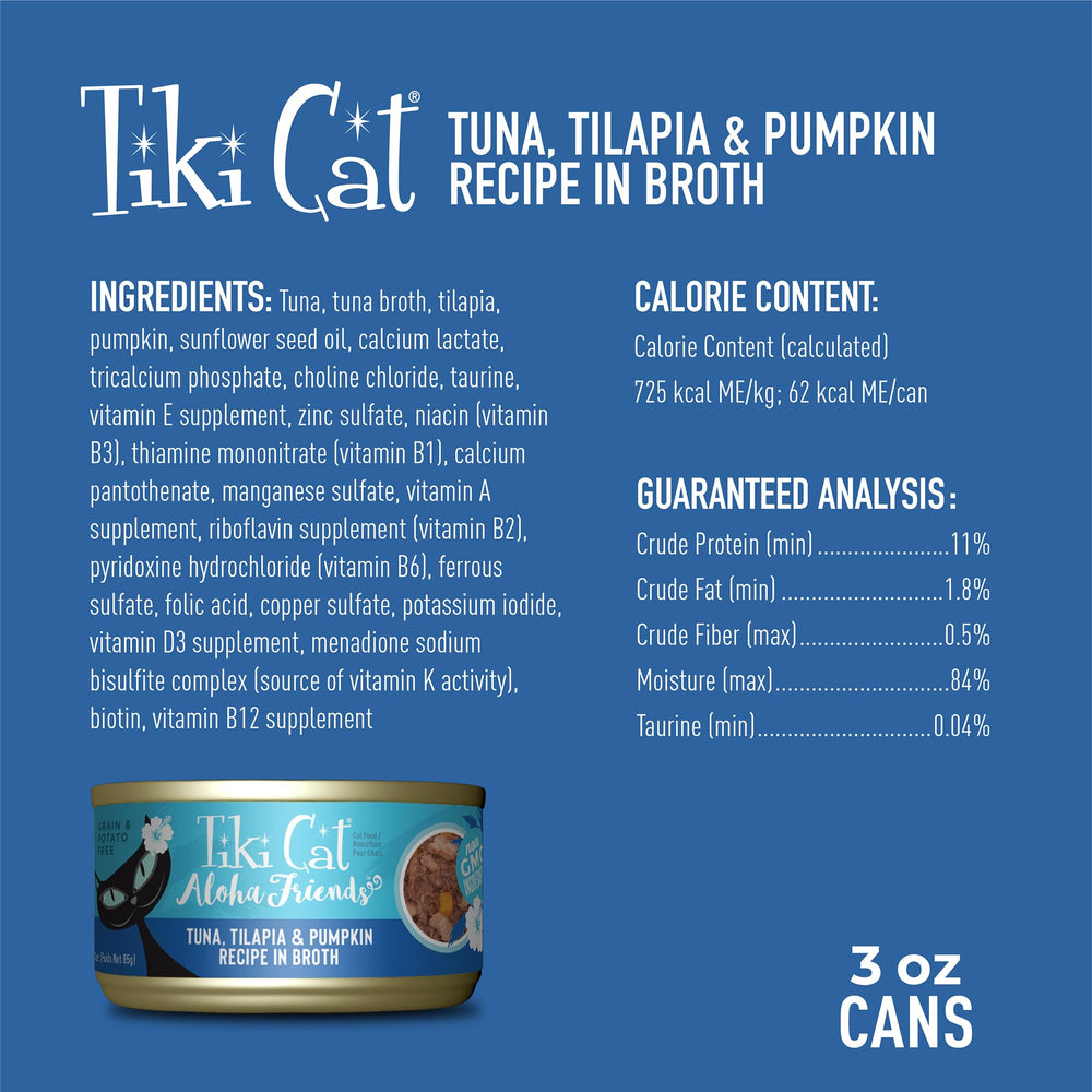 Tiki Pets Aloha Friends atún como primer ingrediente, sabor natural.