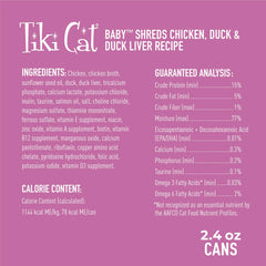 Mousse de pollo-pato-hígado en Tiki Pets Baby, servido al gato