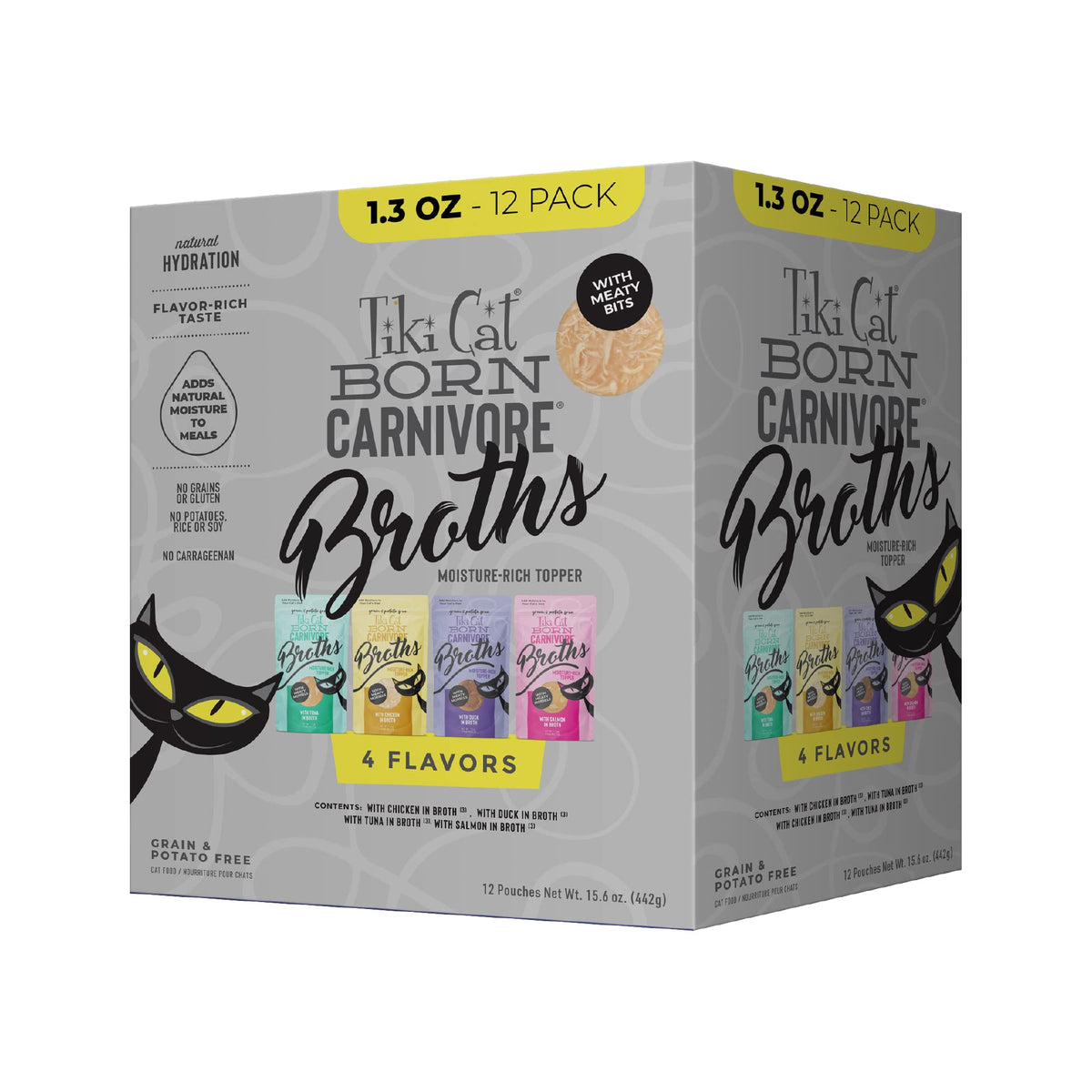 Tiki Pets Born Carnivore Broths pack de 12 sobres para hidratar y realzar sabor.