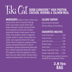 Tiki Cat Born Carnivore sin granos, sin gluten, para hábitos alimentarios variados.
