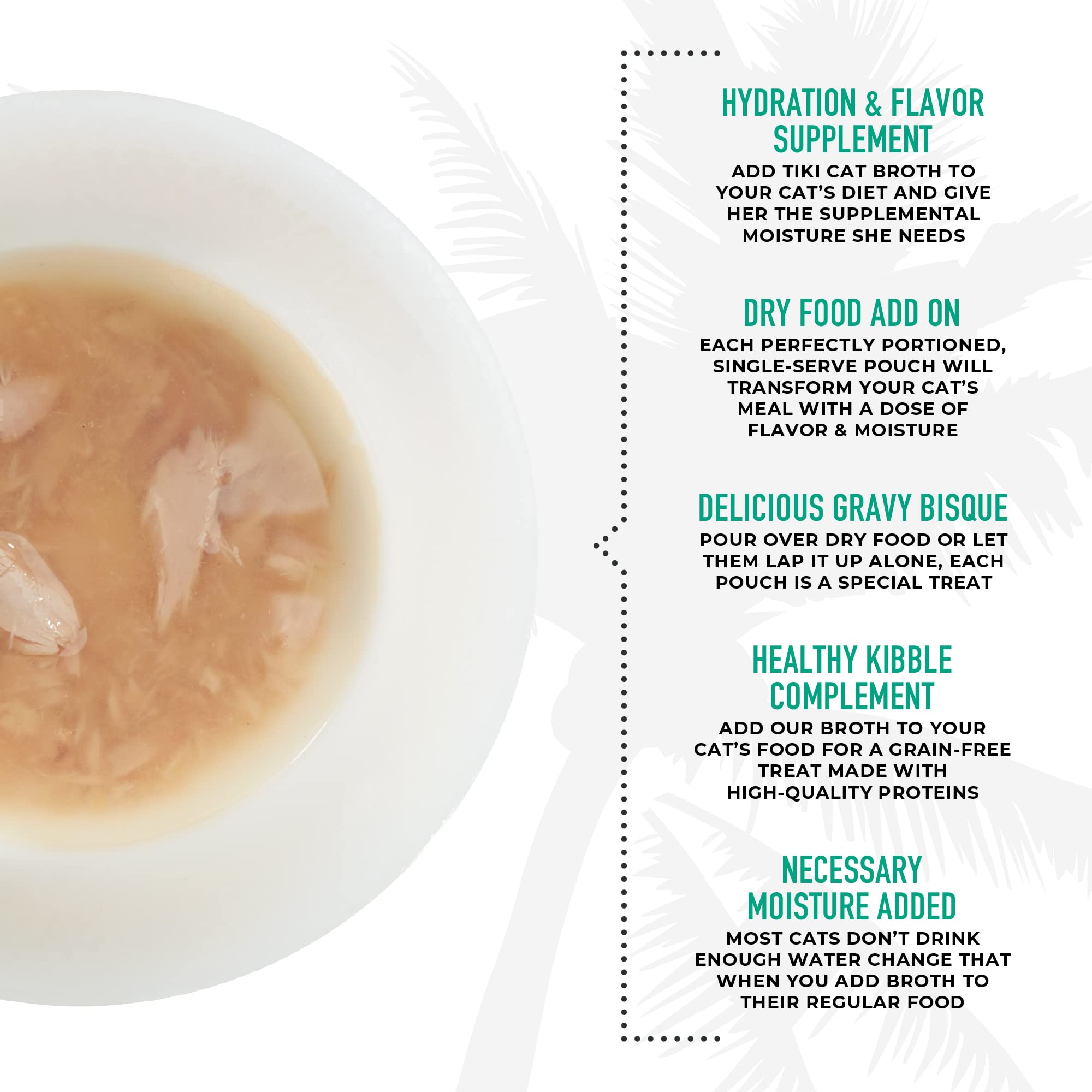 Tiki Pets Broths porciones únicas, complemento sabroso para la dieta felina.