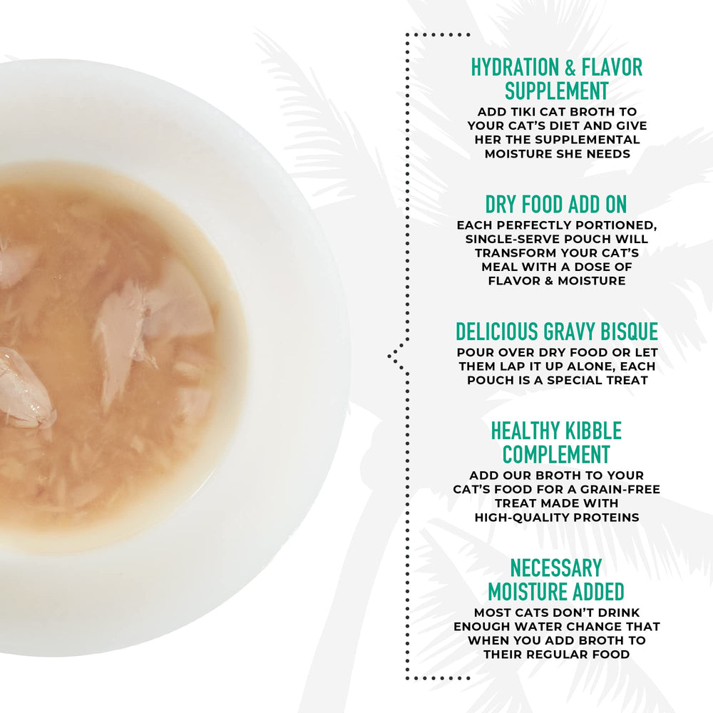 Tiki Pets Broths porciones únicas, complemento sabroso para la dieta felina.