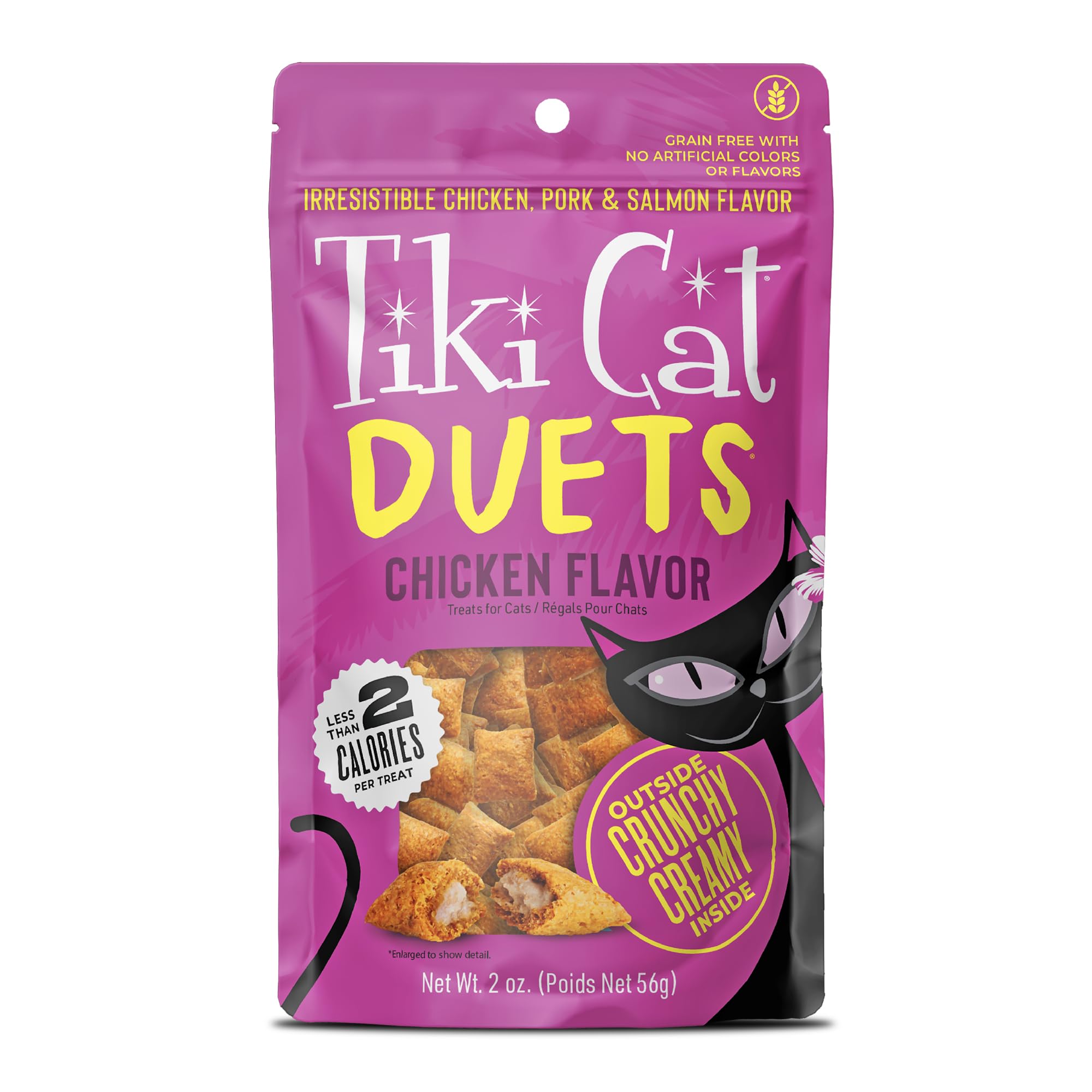 Tiki Cat Duets exterior crujiente e interior cremoso, golosina deliciosa para gatos activos.