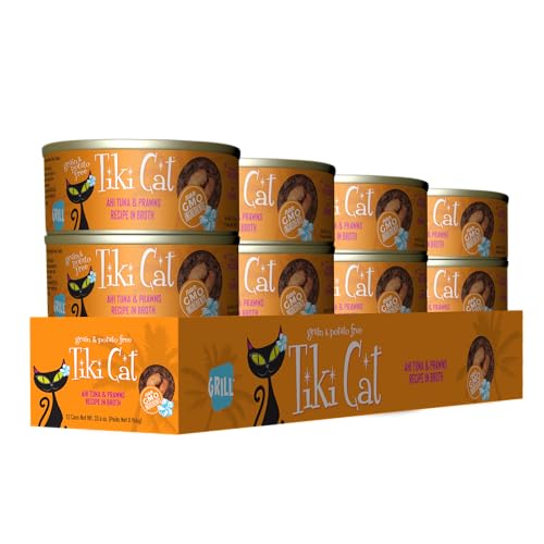 Lata abierta de Tiki Cat Grill con consommé para mayor humedad.