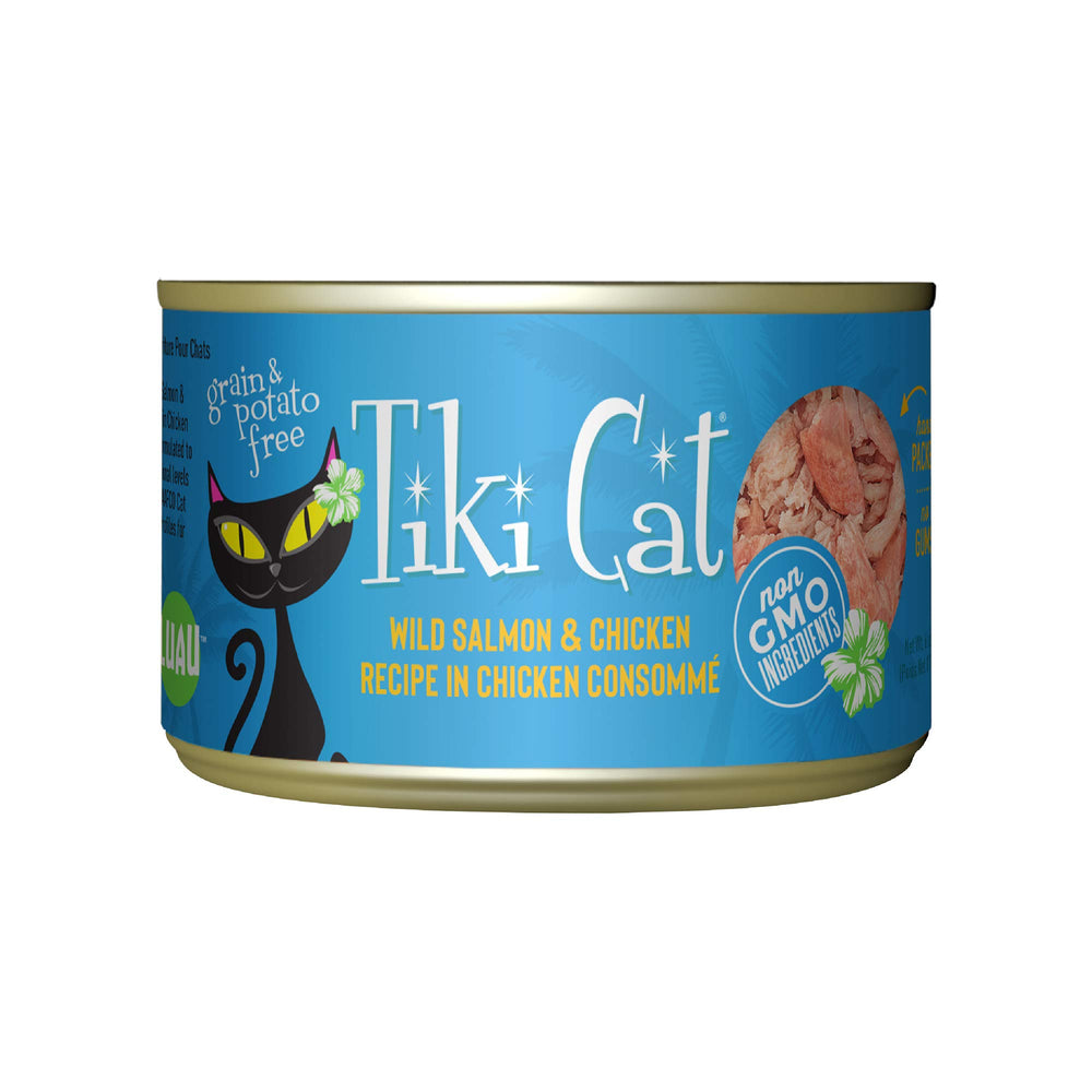 Tiki Pets Luau con carne deshebrada y salmón salvaje, ideal para hidratación diaria.