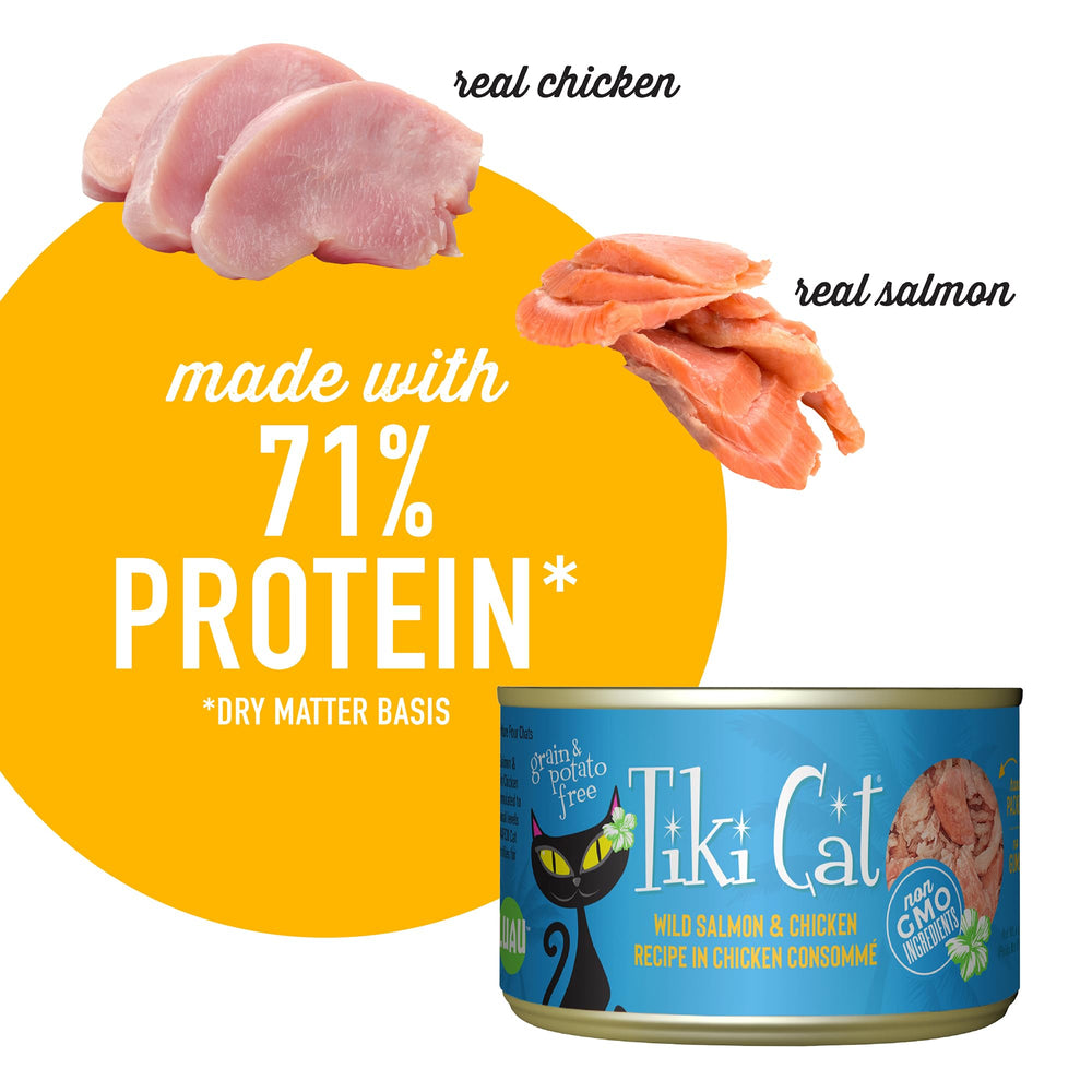 Tiki Pets Luau con proteínas reales, salmón y pollo, sabor natural.
