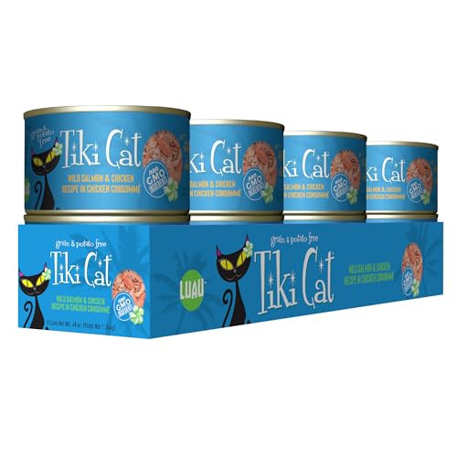 Luau de Tiki Pets con salmón deshilachado en consomé, sabor tentador para gatos.