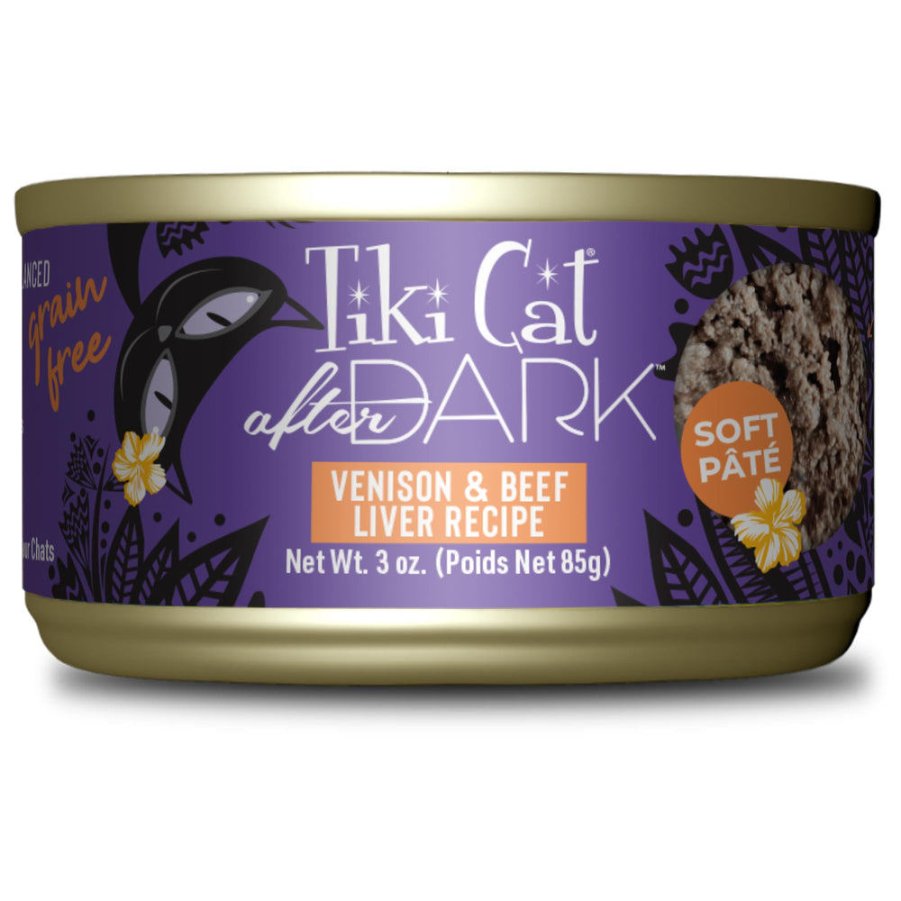 TIKI PETS paté de ciervo con hígado de res, textura suave, apta para gatos adultos.