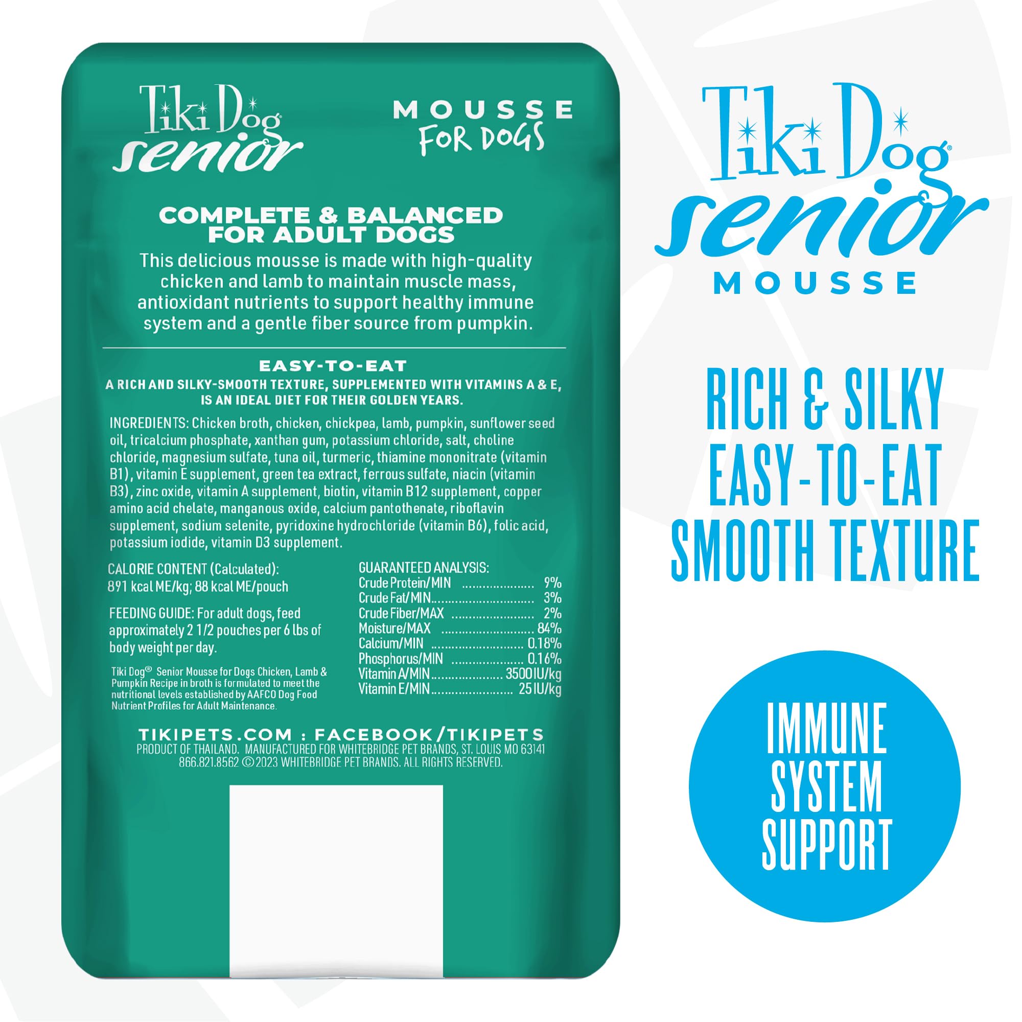 Paquete de 12 sobres de 99 g de Tiki Pets Senior Mousse.
