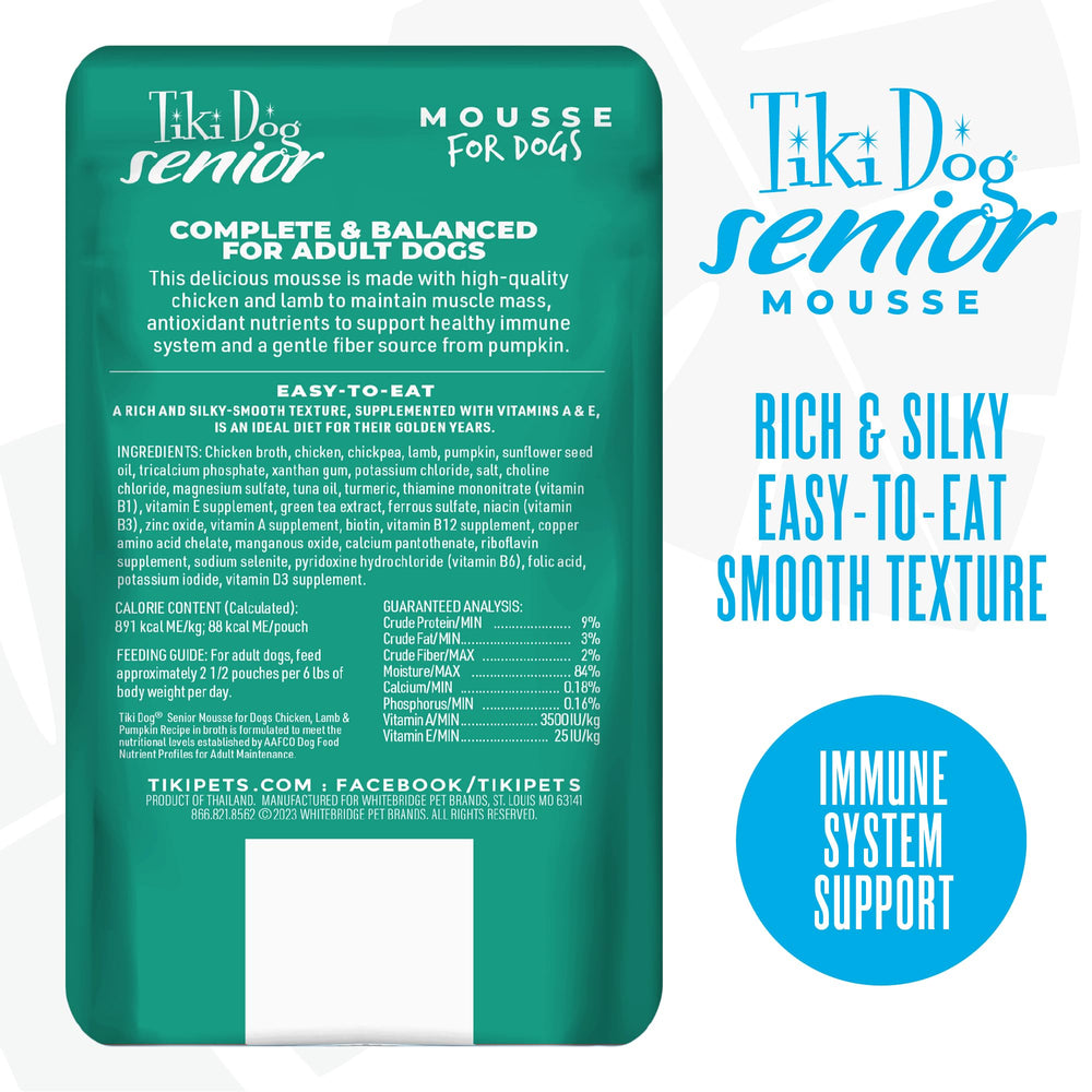 Paquete de 12 sobres de 99 g de Tiki Pets Senior Mousse.