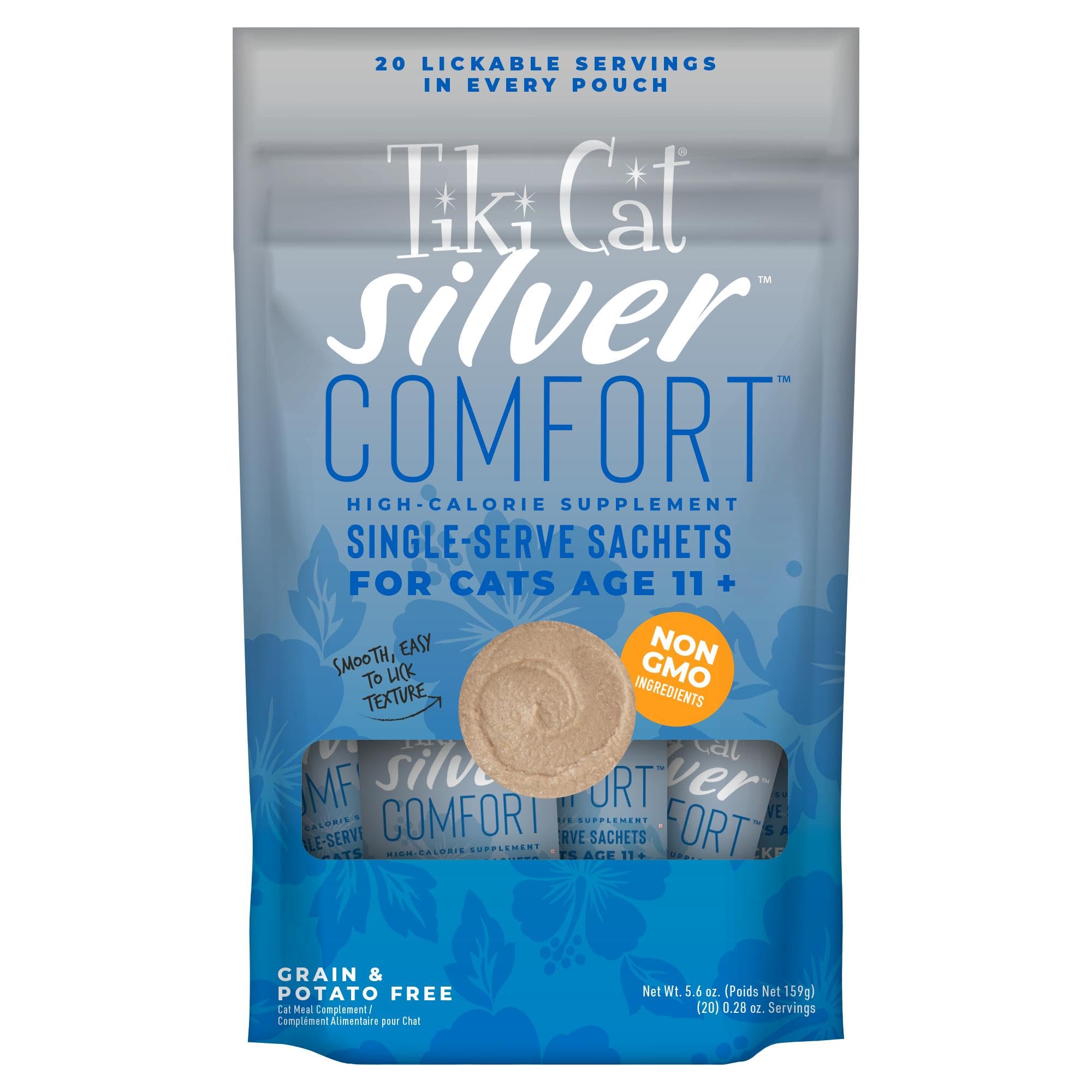 Tiki Cat Silver Comfort Mousse en envase, opción nutritiva para gatos mayores.