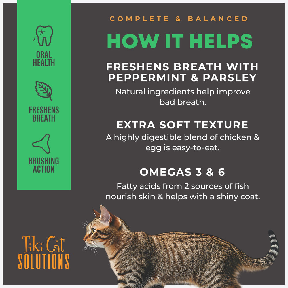 Tiki Cat Soluciones Dentales: croqueta de acción mecánica para cepillado de dientes al comer.
