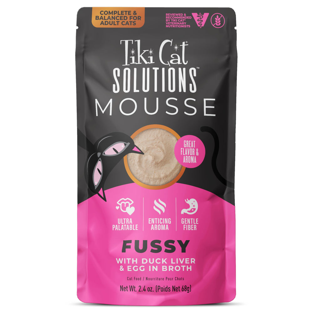 Tiki Cat Solutions Fussy Mousse con hígado de pato y huevo, apoyo digestivo suave.