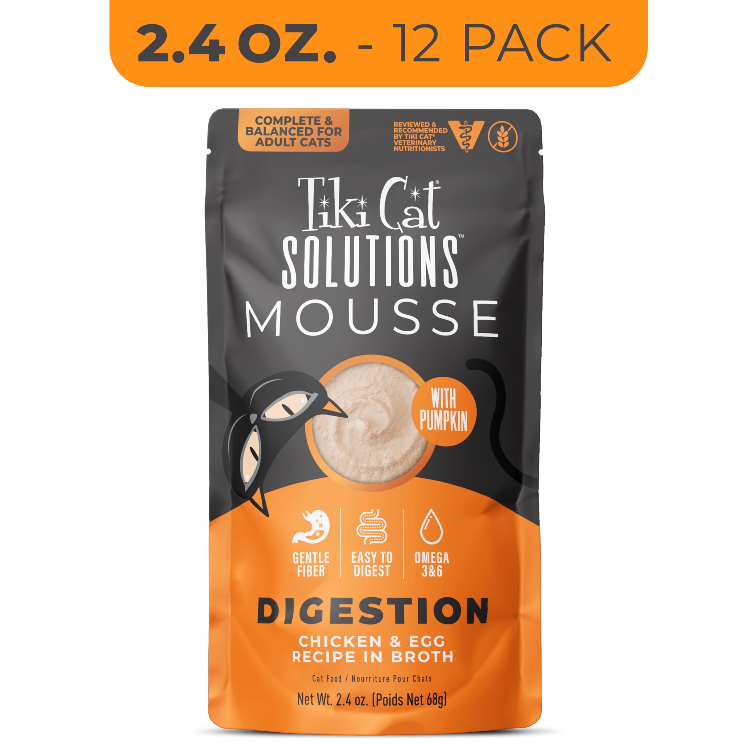 TIKI PETS Soluciones Mousse con pollo real y huevo sabroso.
