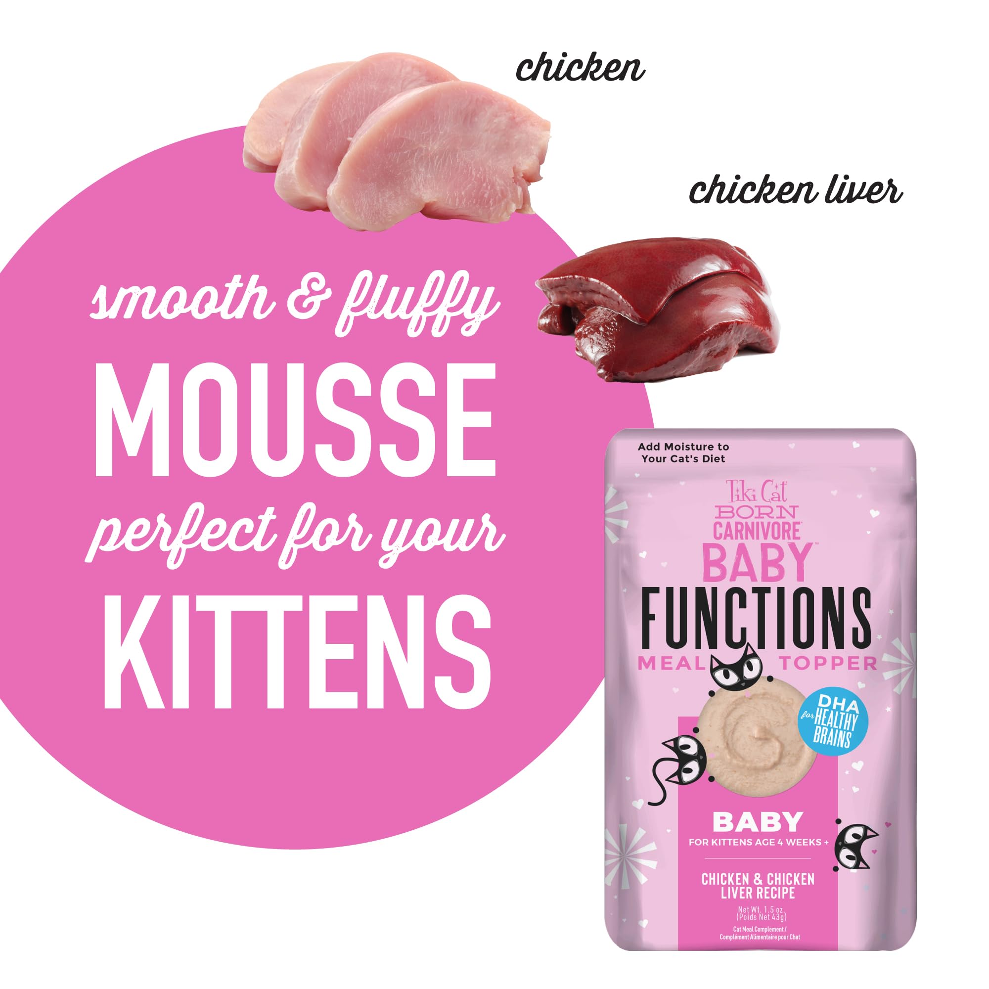 Tiki Pets Tiki Cat Born Carnivore Baby Topper Mousse suaviza las croquetas.