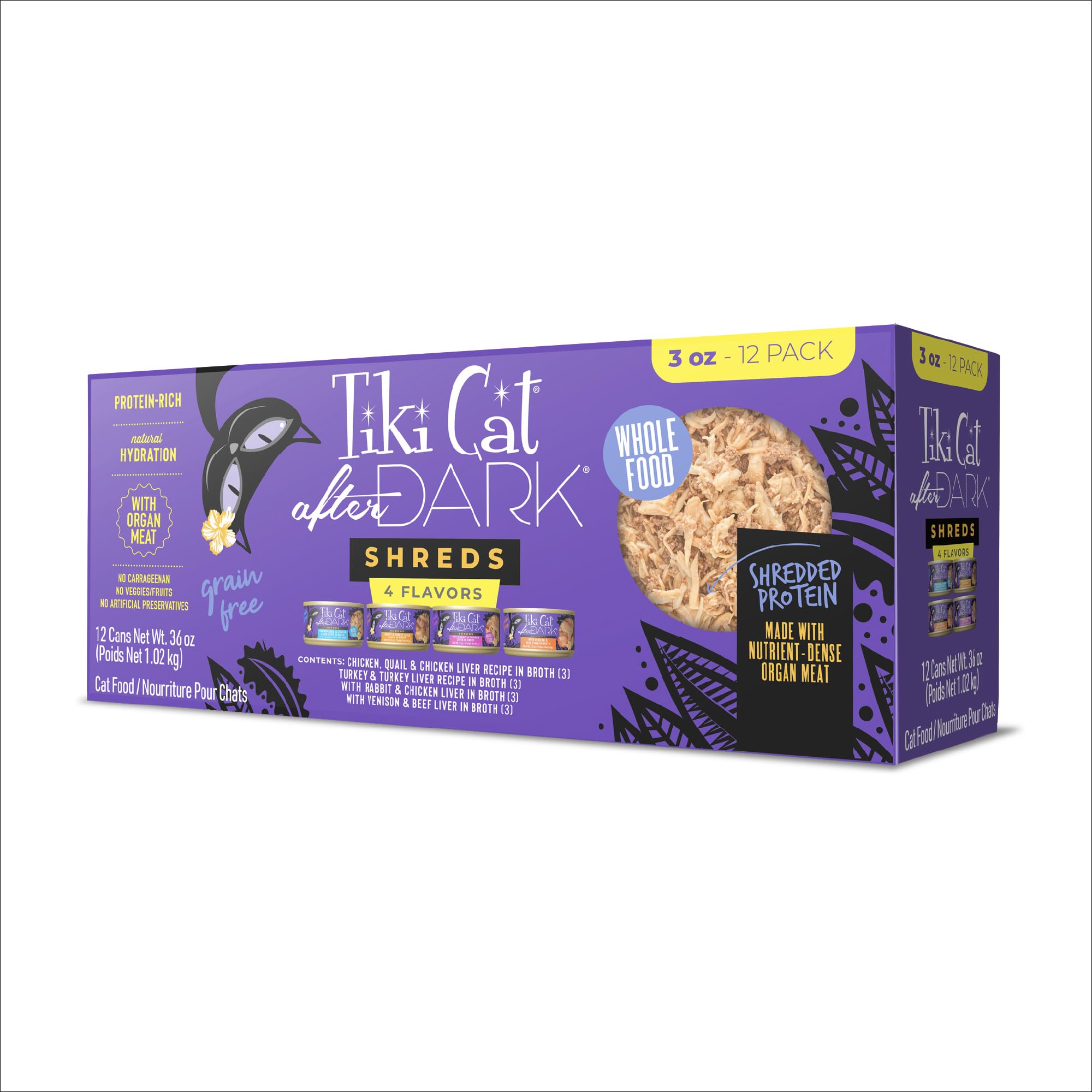Tiki Cat After Dark Shreds en lata, porción de 3 oz para gatos activos.