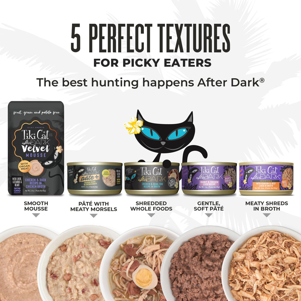 Variedad de sabores de Tiki Cat After Dark Shreds para mantener interés.