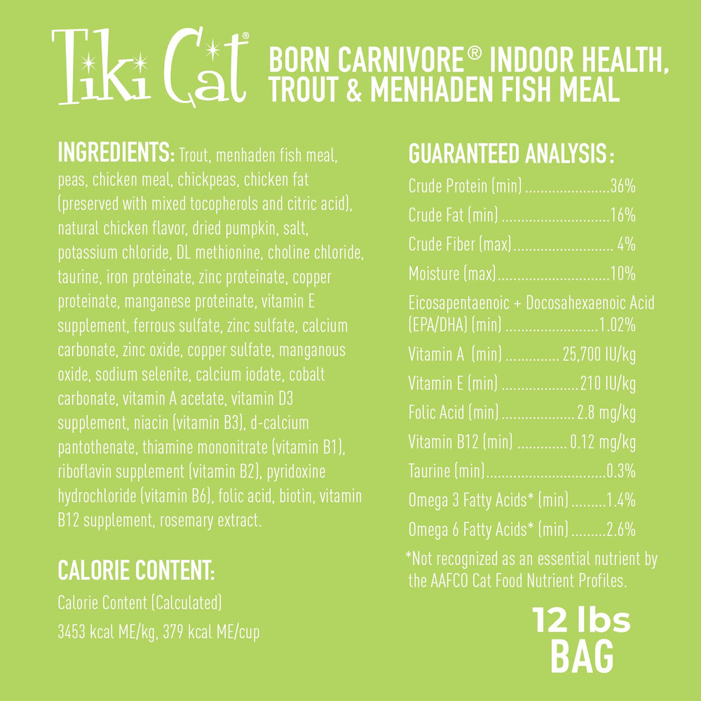 Tiki Cat Born Carnivore Indoor Health, omega-3 y omega-6 para nutrición equilibrada.