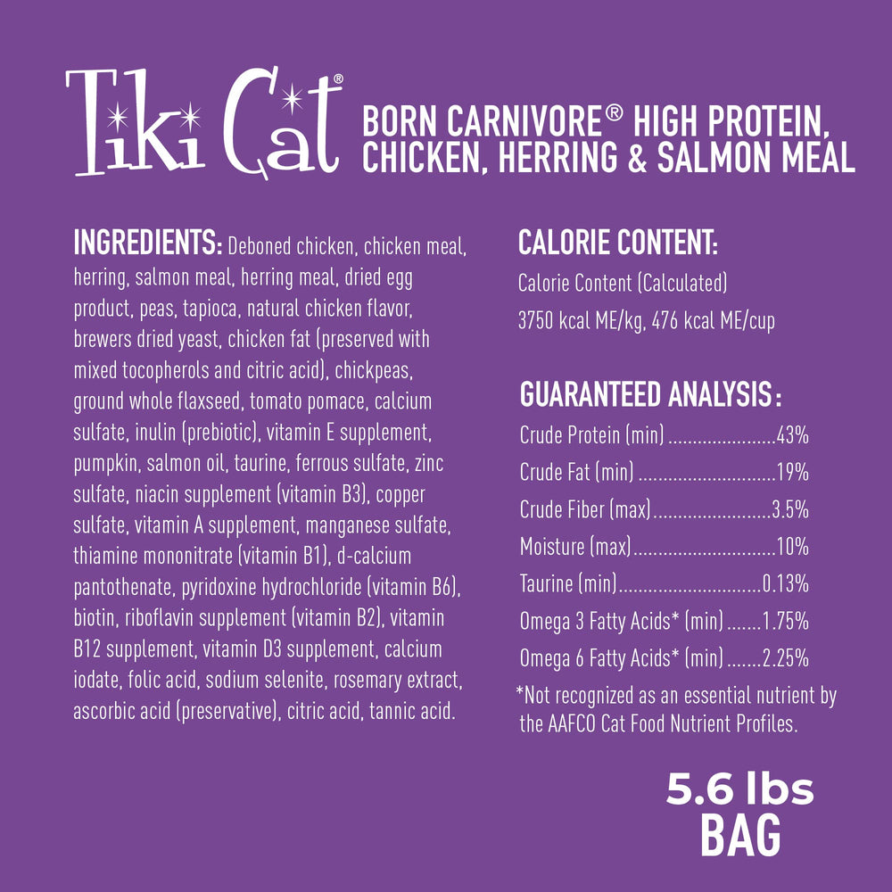 Etiqueta de Tiki Cat Born Carnivore sin granos para dieta limpia.