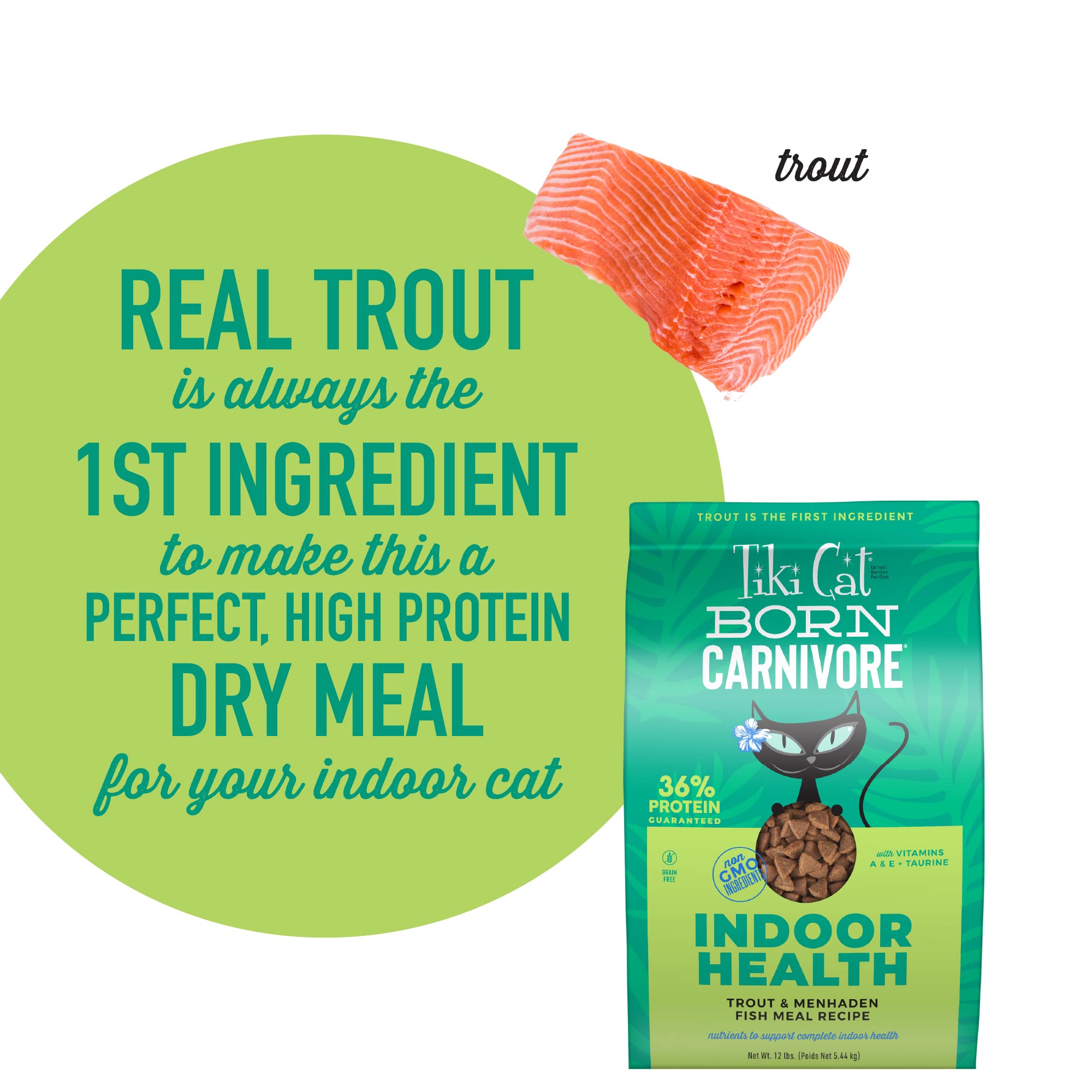 Tiki Cat Born Carnivore Indoor Health, receta sin granos ni patatas, maíz, trigo ni soja.