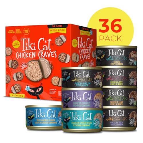 Tiki Cat Chicken Craves pollo desmenuzado, fuente de proteína real para un sabor irresistible.