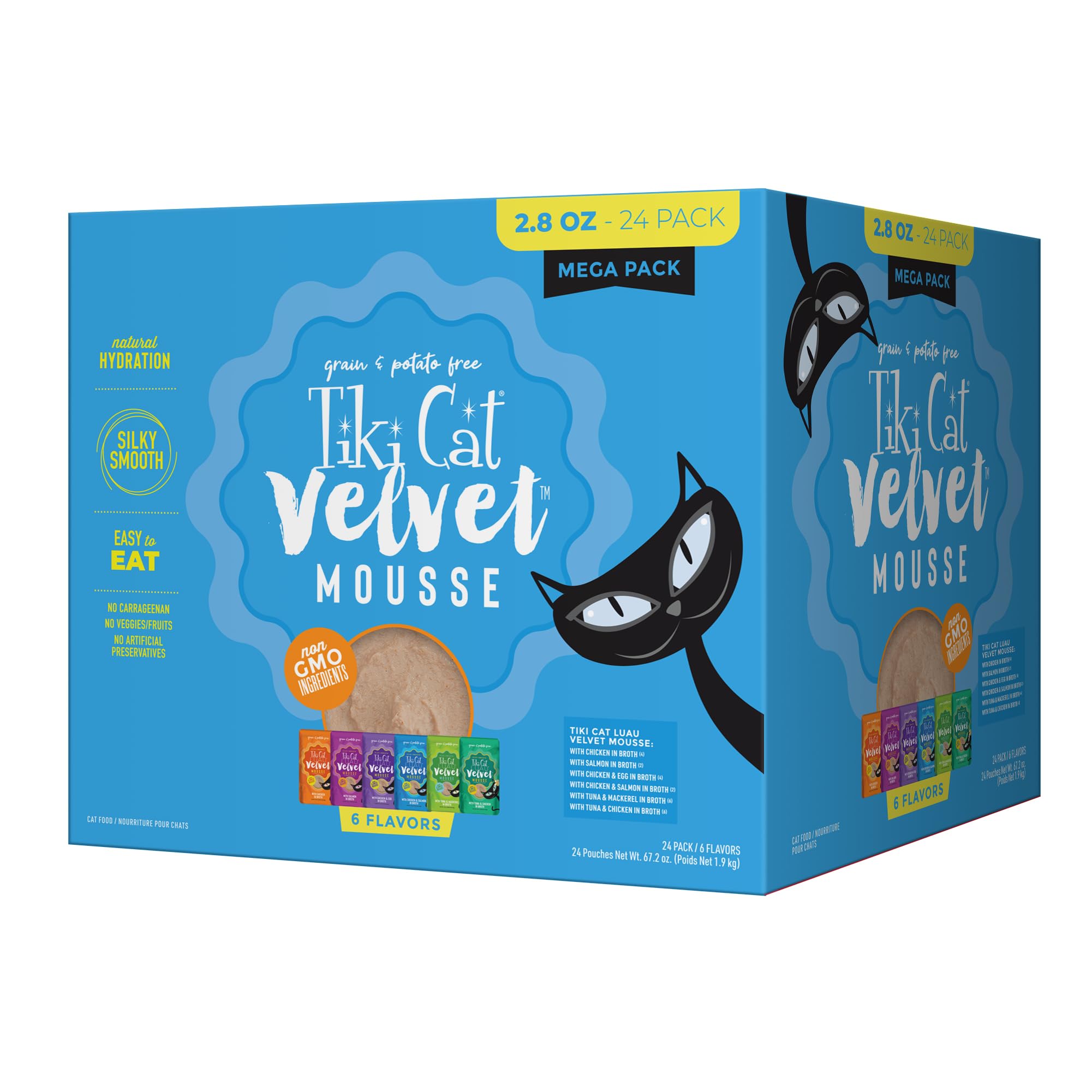 Tiki Cat Luau Velvet Mousse en sachet frontal, formato 2.8 oz para gatos.