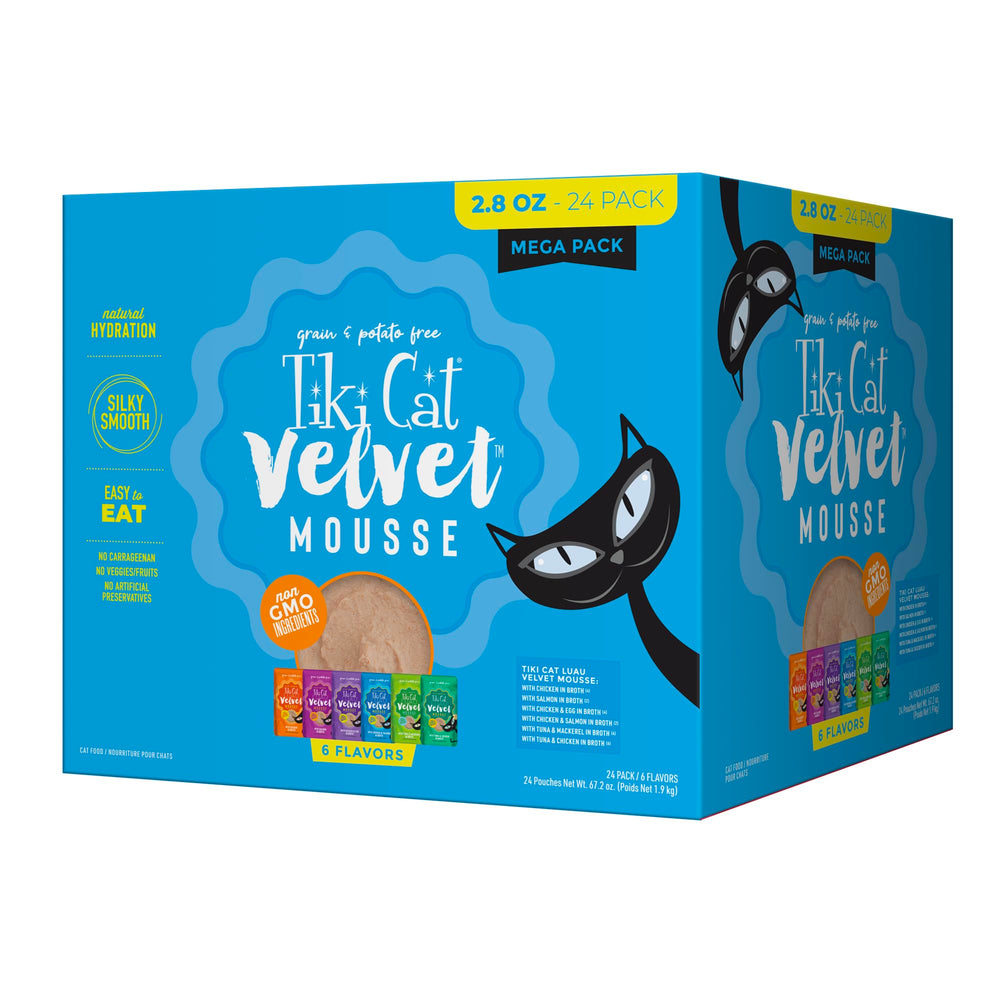 Tiki Cat Luau Velvet Mousse en sachet frontal, formato 2.8 oz para gatos.