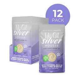 Tiki Cat Silver Mousse con pato: combinación sabrosa para músculos en gatos mayores.