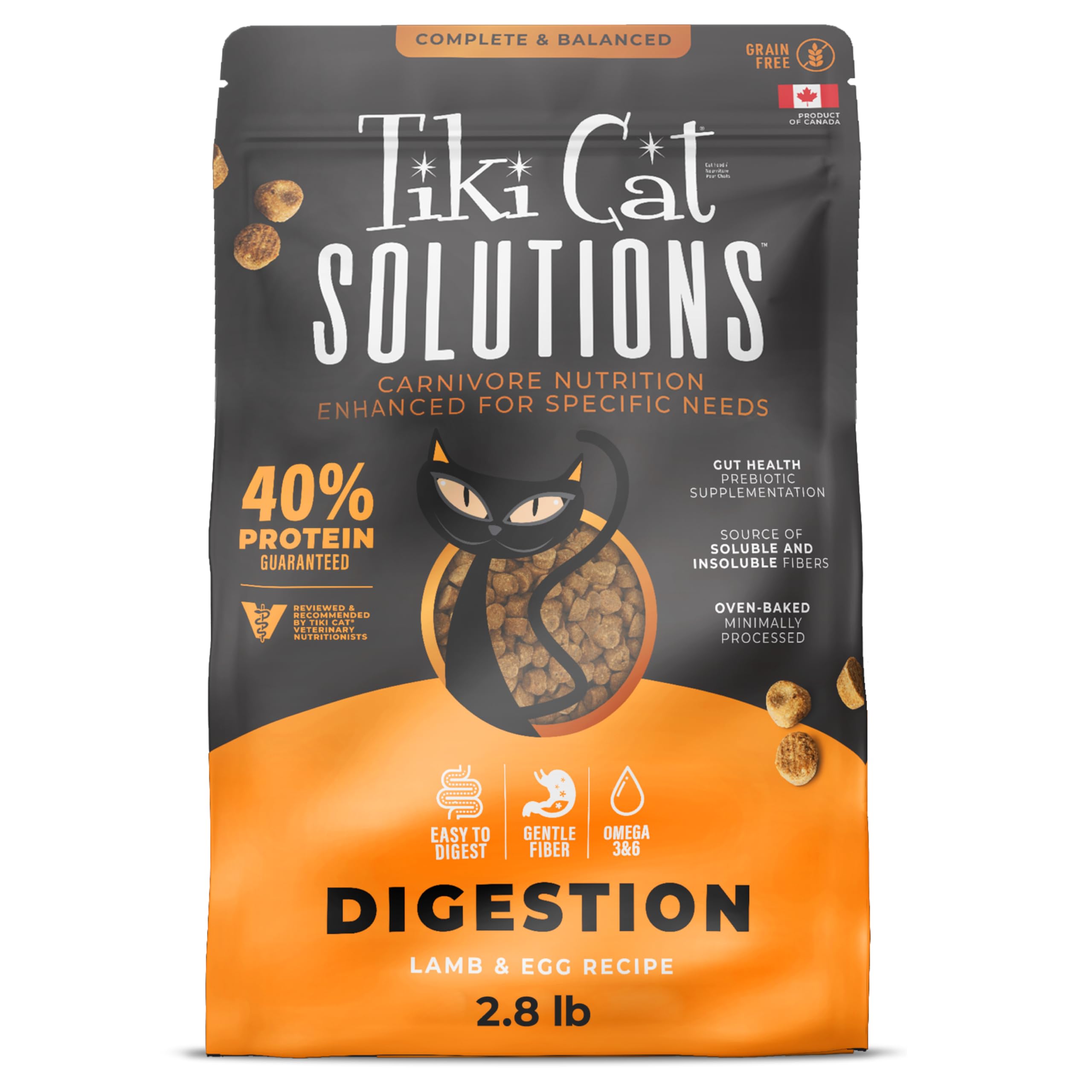 Tiki Cat Solutions muestra la bolsa frontal de croquetas para digestión felina