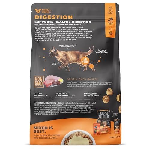 Etiqueta nutricional de Tiki Cat Solutions destacando fórmula digestiva