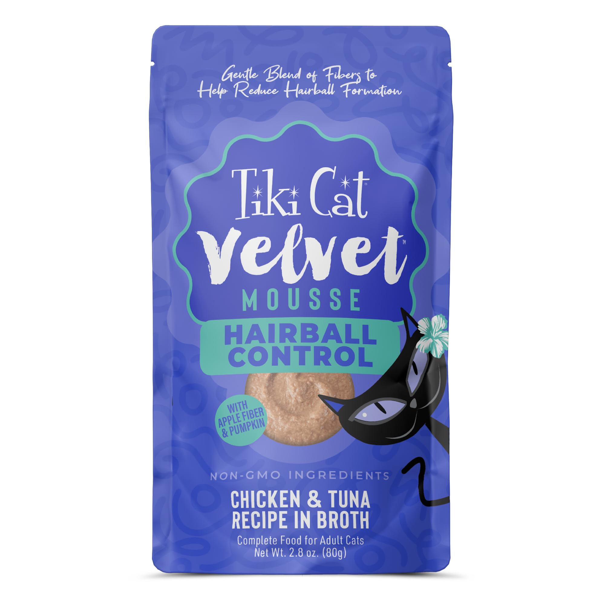 Tiki Cat Velvet Mousse en bolsita de 2.8 oz, práctico y fácil de servir para gatos.