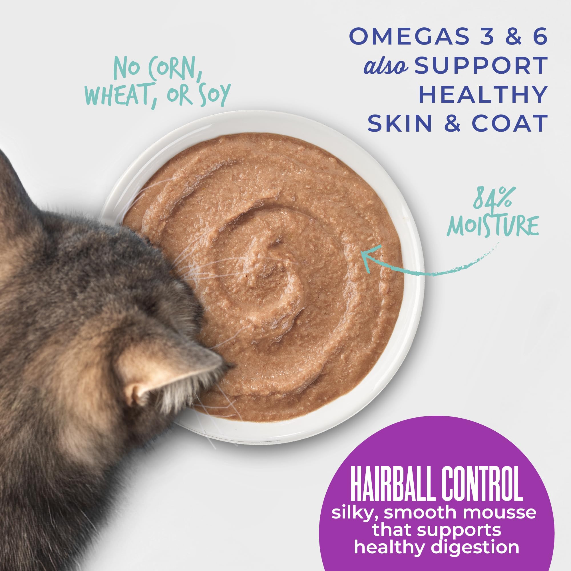 Tiki Cat Velvet Mousse con ingredientes no transgénicos para una comida limpia.