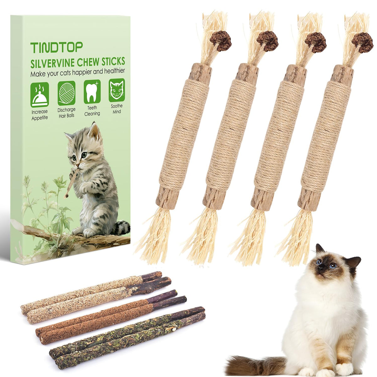 Palitos matatabi de TINDTOP para gatos, 10 unidades, estimulan juego y mordida saludable.