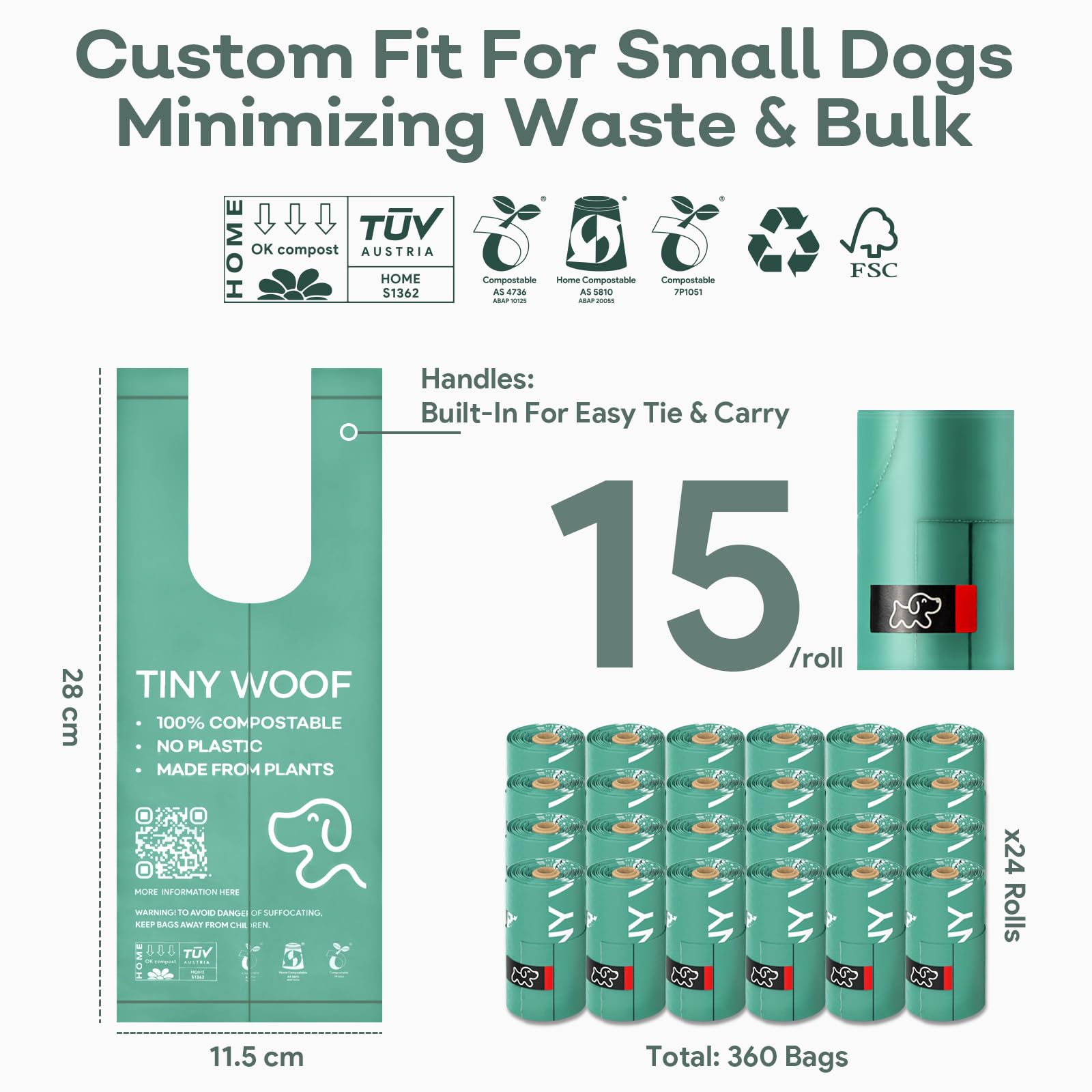 Tiny Woof bolsa con asa integrada facilita atar y desechar de forma higiénica.