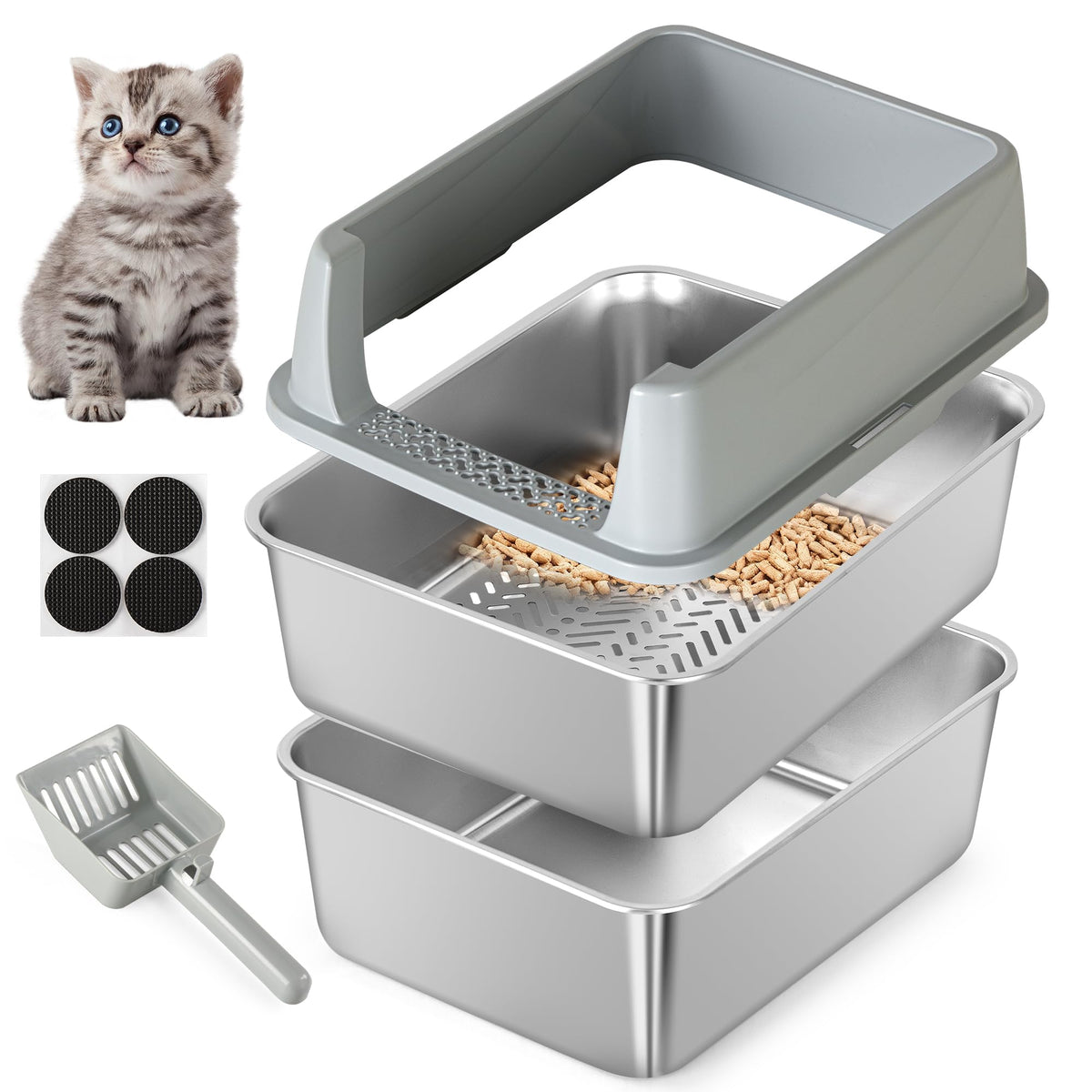 TIUUBT caja de arena inoxidable pequeña para gatos, uso cómodo en espacios reducidos.