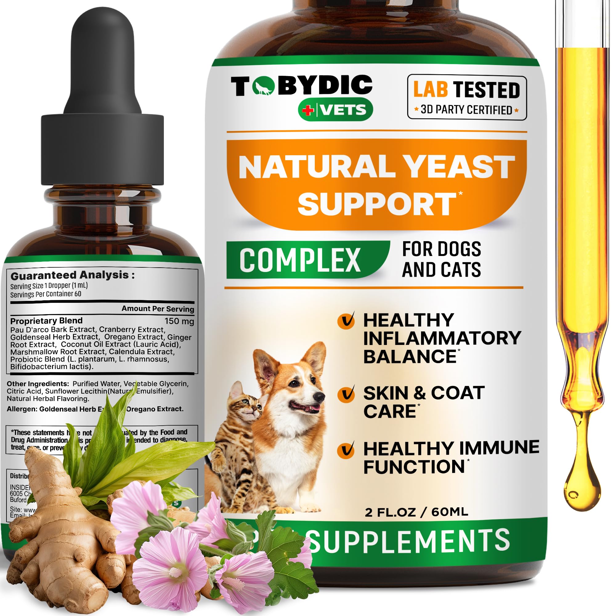 TOBYDIC tratamiento natural para infección por levaduras en perros y gatos, alivio suave en la botella.
