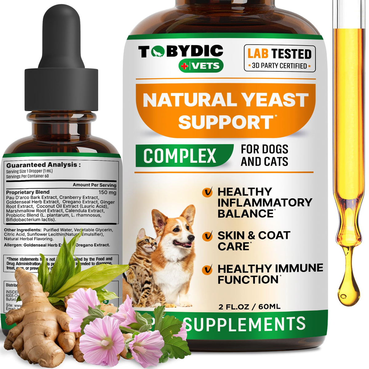 TOBYDIC tratamiento natural para infección por levaduras en perros y gatos, alivio suave en la botella.
