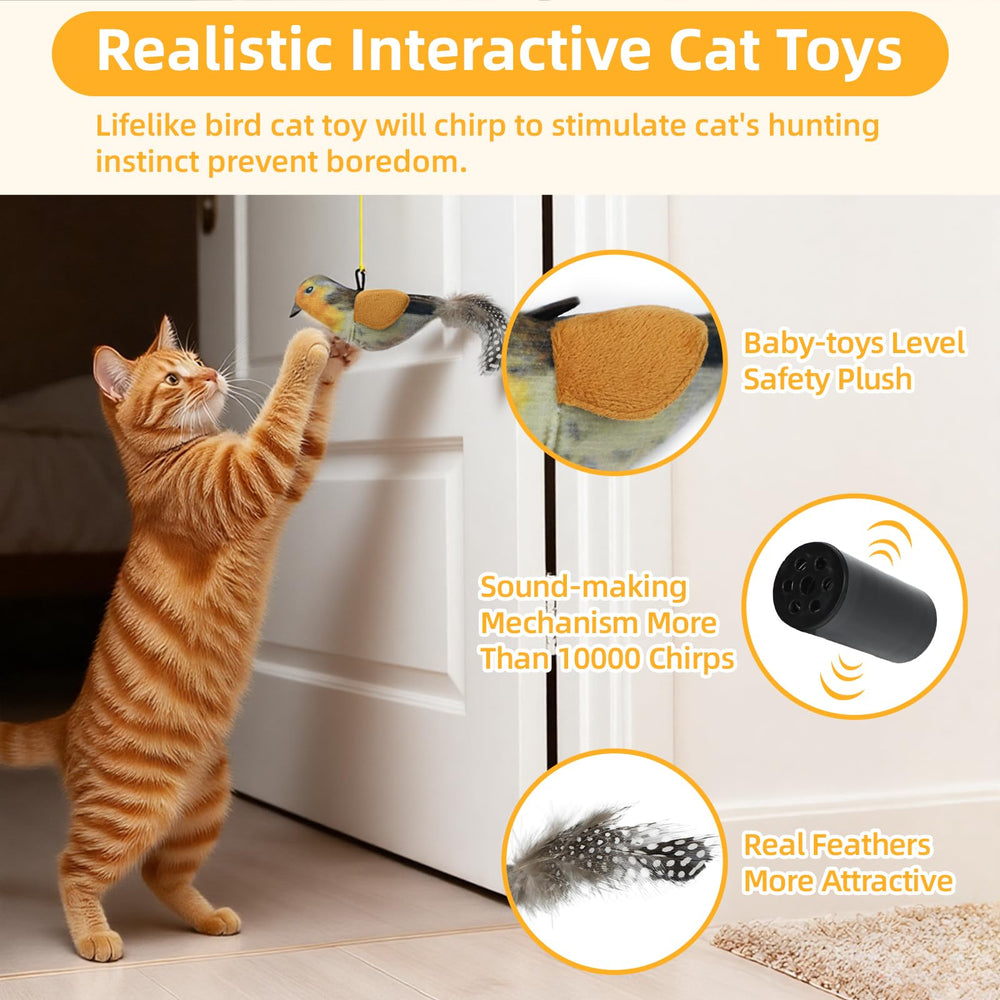 Detalle de felpa y plumas para atraer al gato con movimiento realista