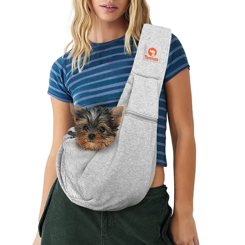 TOMKAS portador-perro-pequeño-gris, cómodo para paseos diarios.
