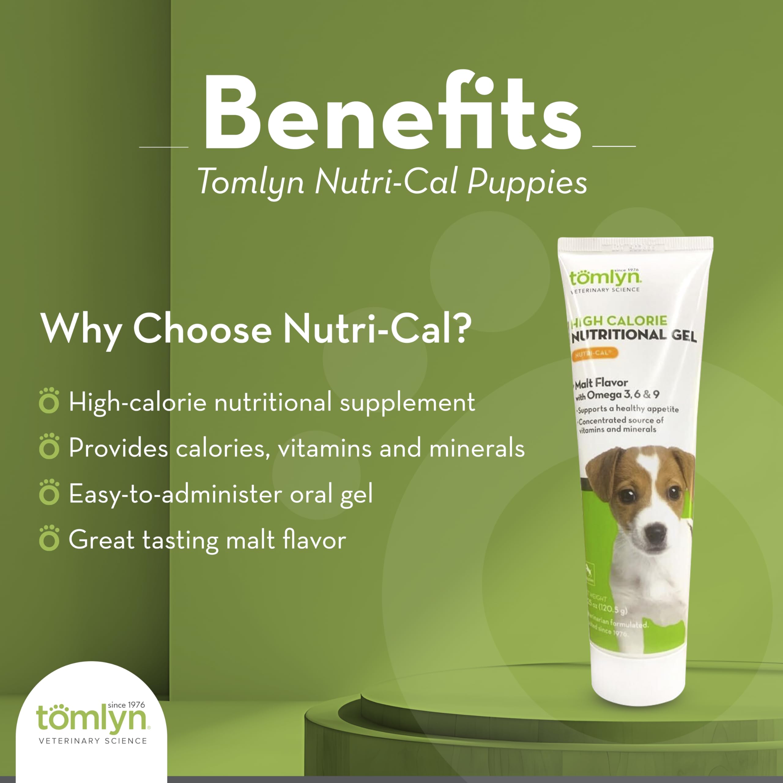 Tomlyn Nutri-Cal frente del tubo, dosis fácil para cachorros en crecimiento.