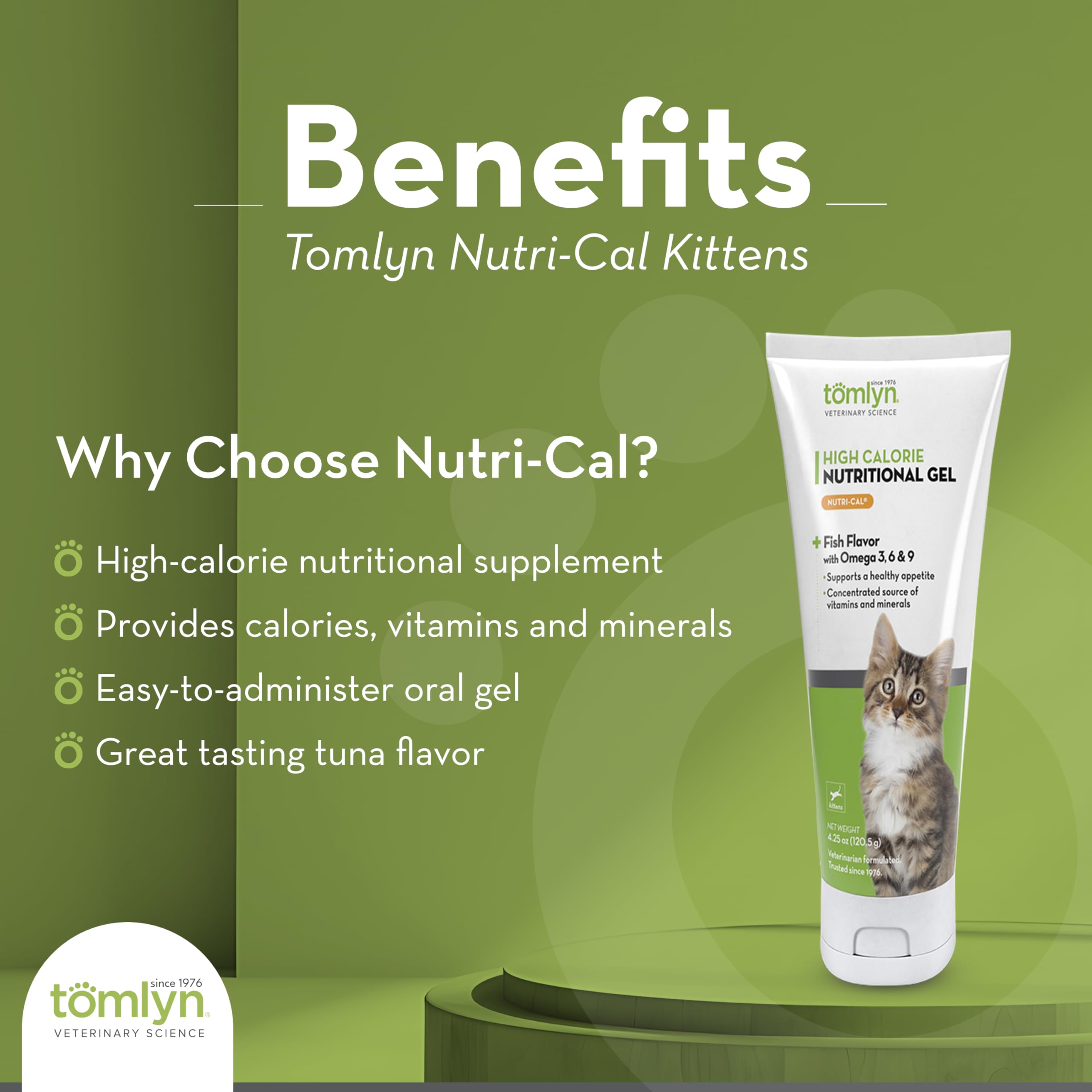 Tomlyn Nutri-Cal gel, textura suave en la foto, sabor agradable para estimular el apetito.