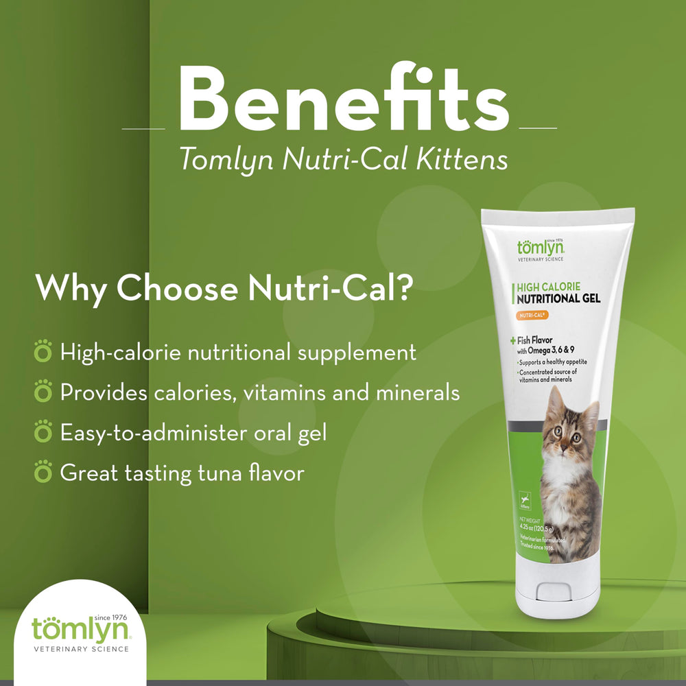 Tomlyn Nutri-Cal gel, textura suave en la foto, sabor agradable para estimular el apetito.