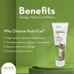Tomlyn Nutri-Cal gel, textura suave en la foto, sabor agradable para estimular el apetito.