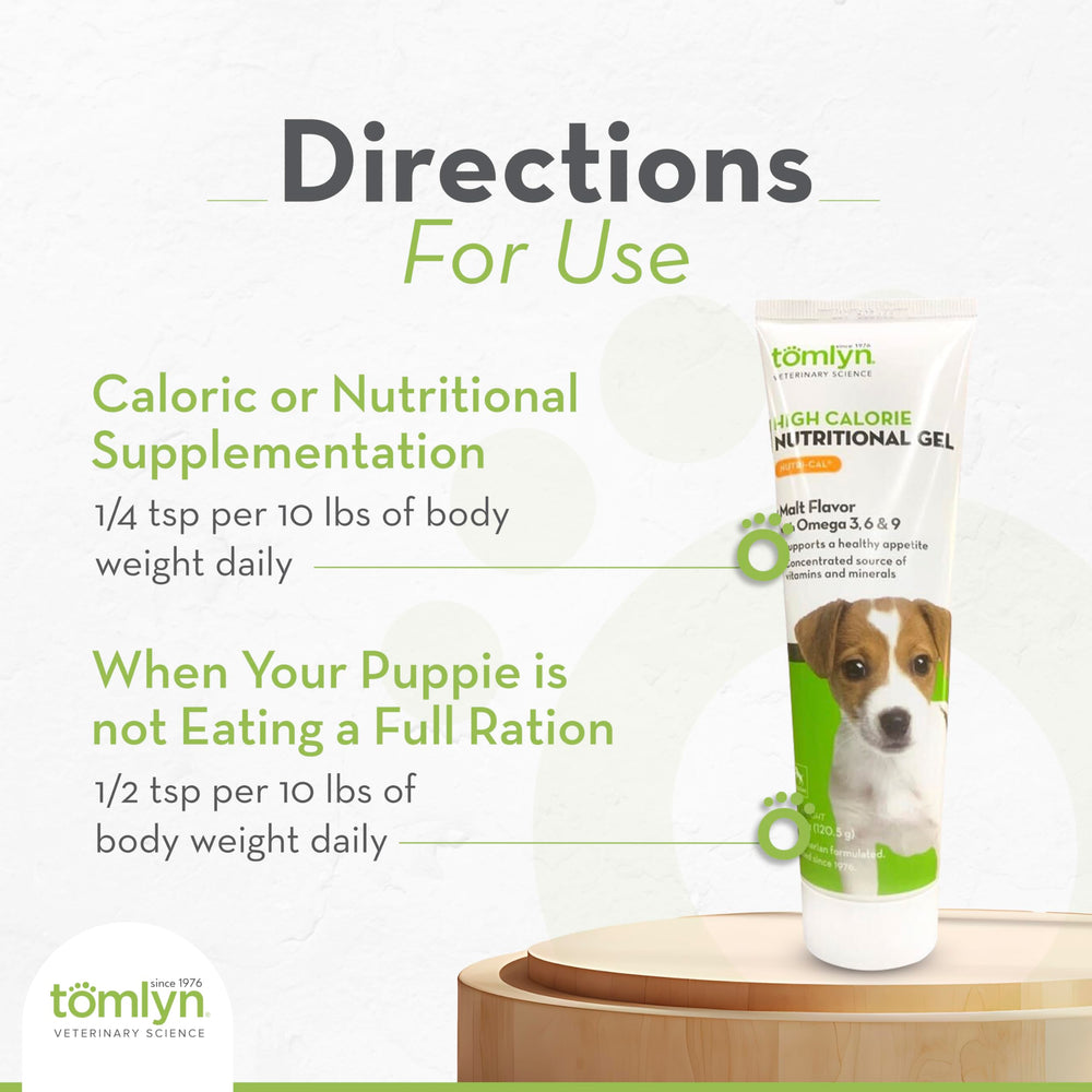 Nutri-Cal aporta calorías concentradas para crecimiento de cachorros.