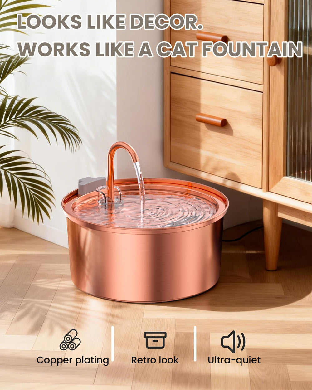 Tomxcute fuente de agua para gatos, diseño decorativo en cobre para el hogar