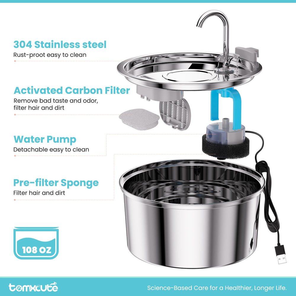Tomxcute uso con varios gatos y perros, agua fresca al alcance.